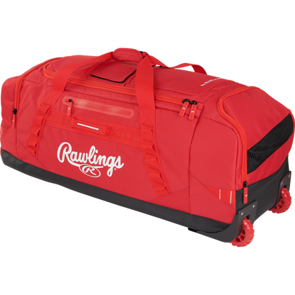 The Rawlings Yadi 2 Wheeled Catcher's Bag (YADI2WHBG) in scarlet features two wheels, side and top handles, zipper compartments, and black accents—ideal for carrying all your baseball gear.