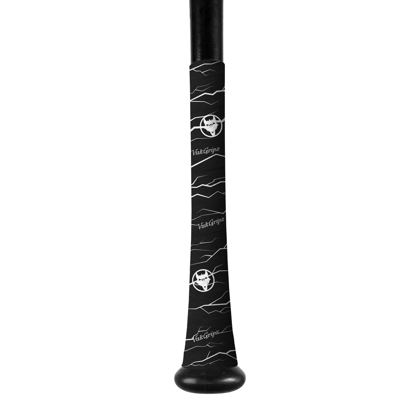 The VukGripz Bat Grip Tape by VukGripz features a black grip with white line patterns and the VukGripz logo, including a stylized viking helmet, to provide optimum grip for every swing.