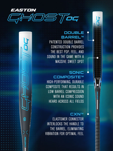 The 2025 Easton Ghost OG (-10) Fastpitch Softball Bat (DEMO) features Double Barrel construction for better pop, Sonic Comp tech for loud sound, and CXN elastomer to cut vibration; shown vertically in a blue and black design.
