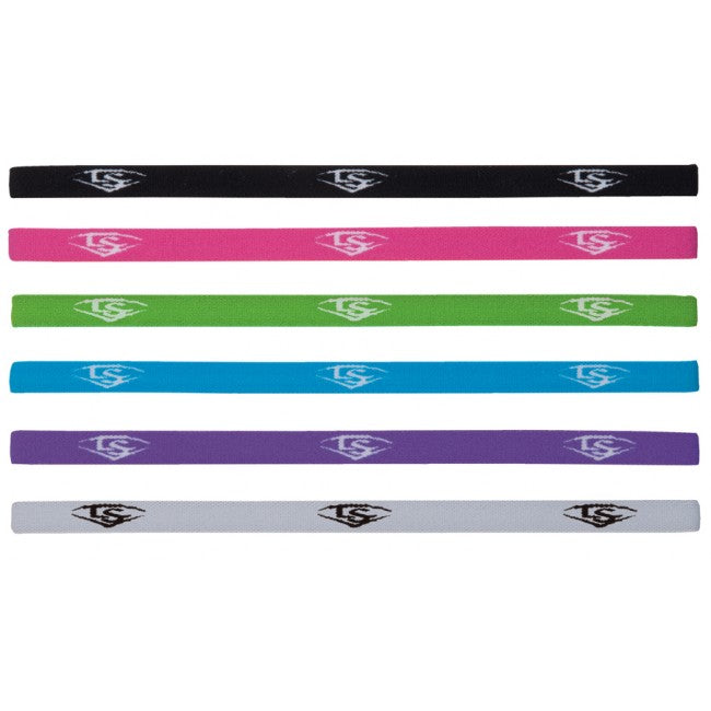 The Louisville Slugger Mini Headbands (Set of 6): ACPL14-MHBVA includes black, pink, green, blue, purple, and gray bands with the white LS Shield logo repeated along each for a bold look.