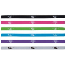 The Louisville Slugger Mini Headbands (Set of 6): ACPL14-MHBVA includes black, pink, green, blue, purple, and gray bands with the white LS Shield logo repeated along each for a bold look.