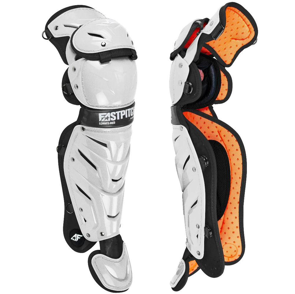 The All Star AFx Fastpitch Catcher's Leg Guards: LGW-AFX are women's white leg guards with black and orange padding, hard protective shells, adjustable straps, and advanced LINQ™ technology for flexible performance.