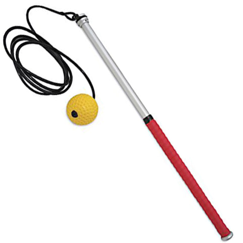 The All Star The Swing Thing: ST2009 is a baseball swing trainer from All Star, featuring a yellow textured ball on a long silver stick with a red grip and black cord to help improve hand-eye coordination.