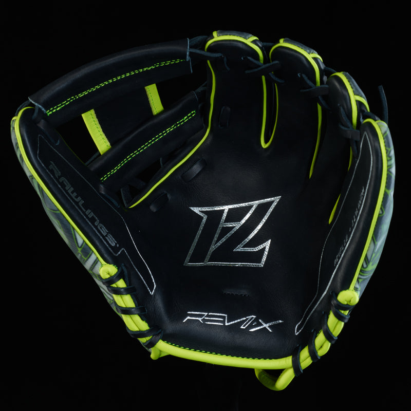 A black Rawlings baseball glove with neon yellow accents, silver stitching, and the “REV1X” and “RZ” logos on the palm, shown against a plain black background.