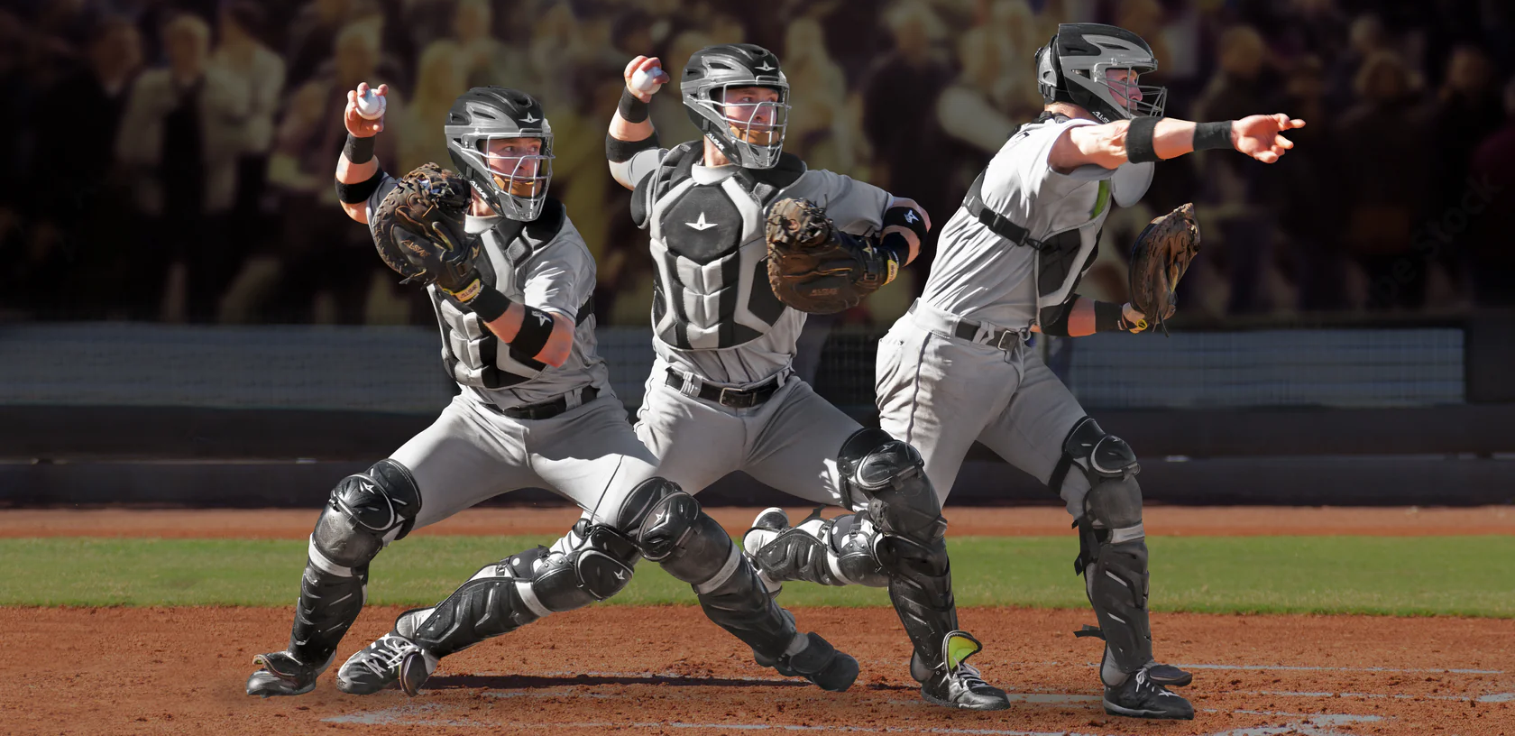 A baseball catcher in full gear is shown in three overlapping positions, demonstrating the motion of throwing a ball from home plate during a game. The background features a blurred crowd in the stands.