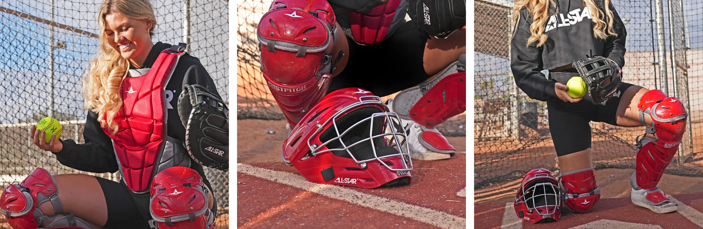 A female softball catcher in red protective gear poses on a field: holding a yellow softball, crouching near a red helmet and mask, and kneeling with mitt and ball at home plate within a chain-link fence area.