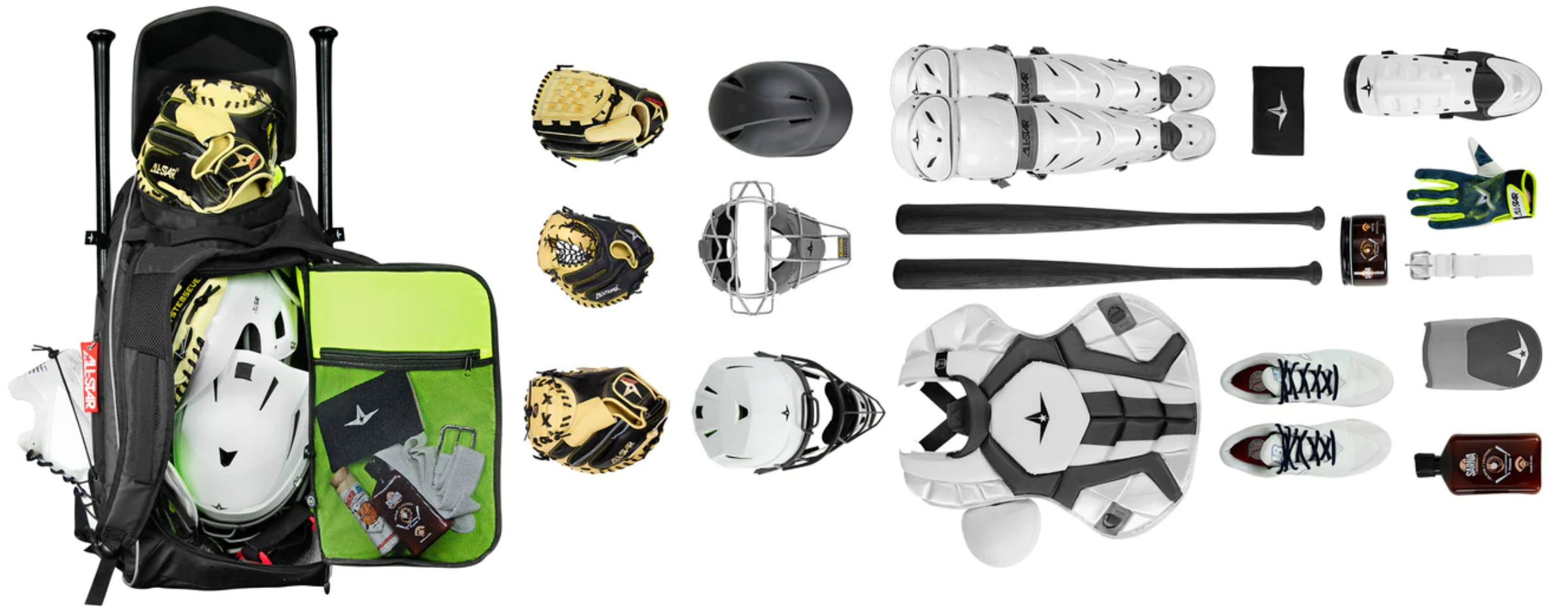 A baseball gear bag with bats, gloves, helmet, and other equipment is open on the left, while the right side displays assorted baseball gear including catchers pads, bat, helmet, mitts, cleats, and protective gear, arranged neatly.