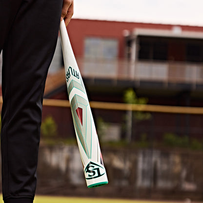 A person holding a Louisville Slugger 2025 Atlas (-5) 2 5/8" USSSA Baseball Bat (WBL2981010).