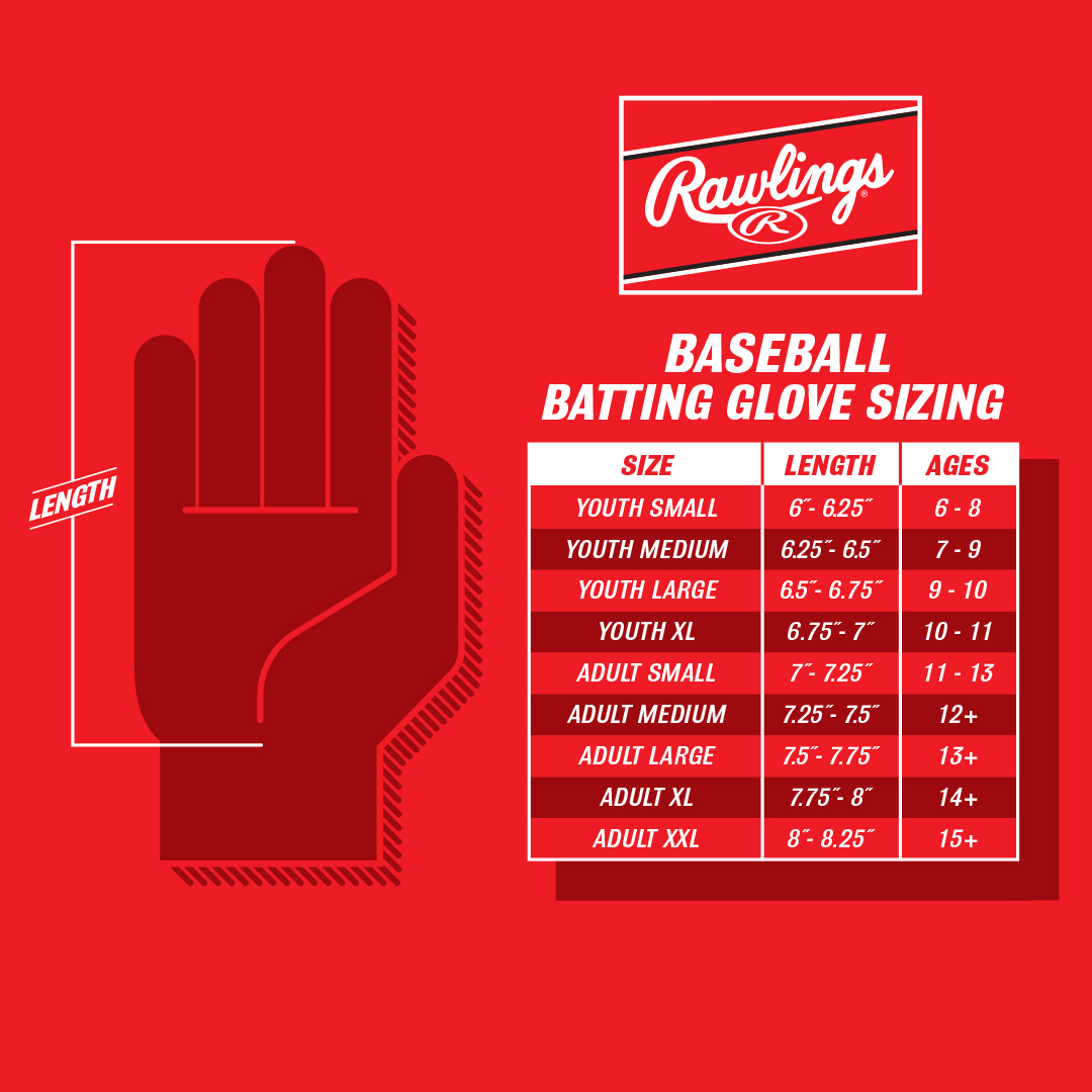 Infographic for Rawlings Workhorse Adult Batting Gloves (WH25BG) by Rawlings, featuring a hand with sizing chart, hand length 6–8.25", age groups youth to adult, and highlighting the Dynamic Fit System for a flexible fit.