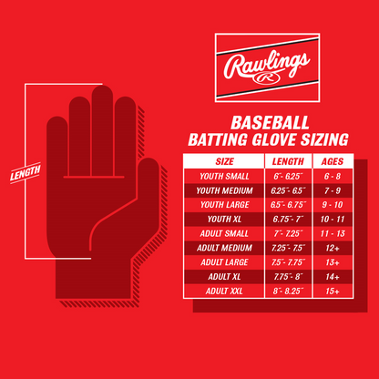 Infographic for Rawlings Workhorse Adult Batting Gloves (WH25BG) by Rawlings, featuring a hand with sizing chart, hand length 6–8.25", age groups youth to adult, and highlighting the Dynamic Fit System for a flexible fit.