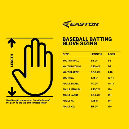 A yellow chart titled "Baseball Batting Glove Sizing" displays a hand diagram for measuring, size categories with corresponding inch lengths and age ranges. The Easton logo is at the top right, featuring Easton Walk Off Ethos Youth Batting Gloves (WO25YBG).