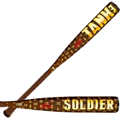 Two brown Soldier Sports 2026 BBCOR bats, one labeled "TANK 3," the other "SOLDIER," both with yellow text, military-themed symbols, and Power Alloy Technology for a large sweet spot. Model: BB-1-26D.