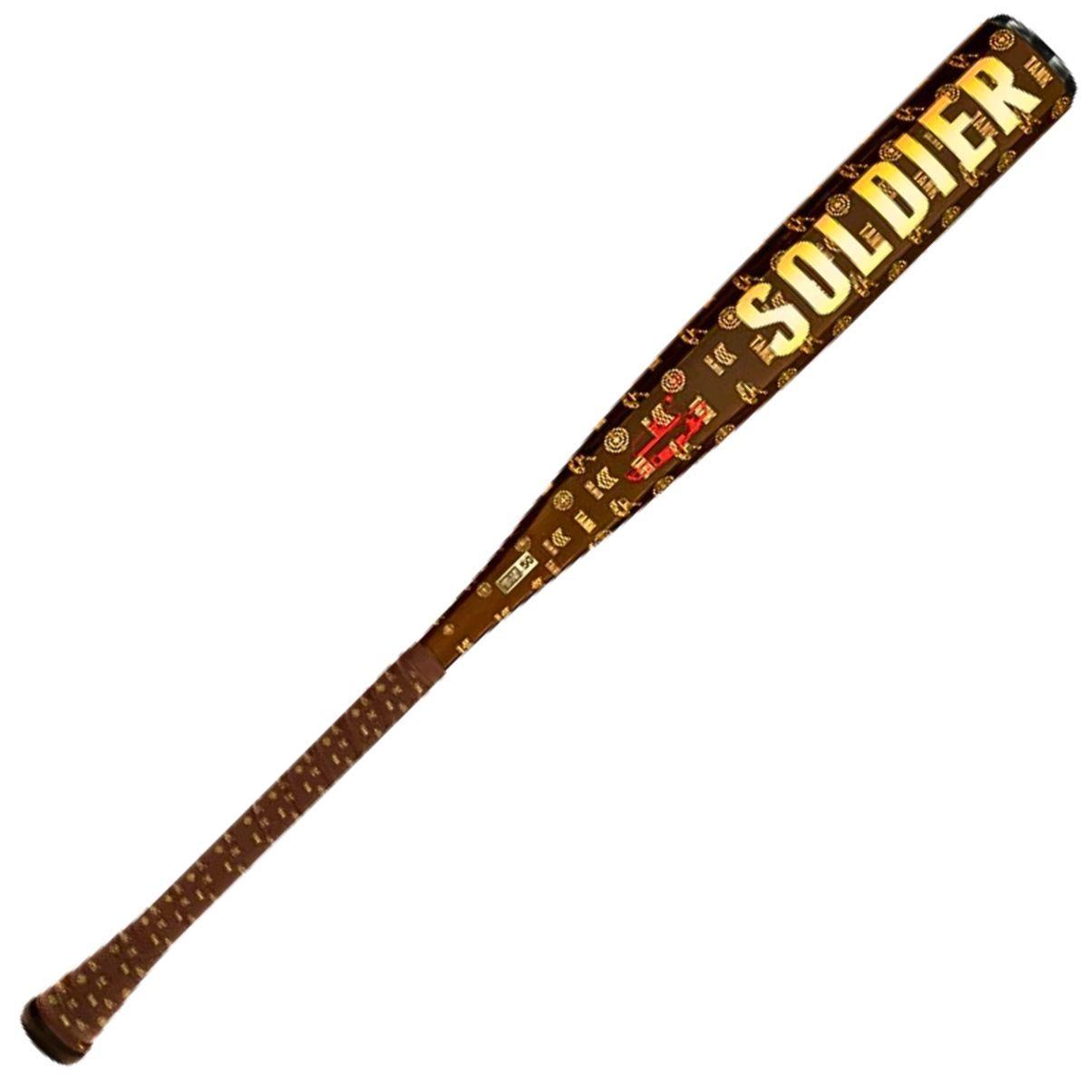 The 2026 Soldier Tank 3 (-3) BBCOR Baseball Bat by Soldier Sports features "SOLDIER" in bold yellow on a brown barrel, various logos and symbols, and Power Alloy Technology for the largest sweet spot on every swing.