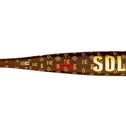 Close-up of a brown and gold Soldier Sports 2026 Soldier Tank 3 (-3) BBCOR Baseball Bat: BB-1-26D, featuring Power Alloy Technology and various small gold logos and designs along the barrel for the largest sweet spot.