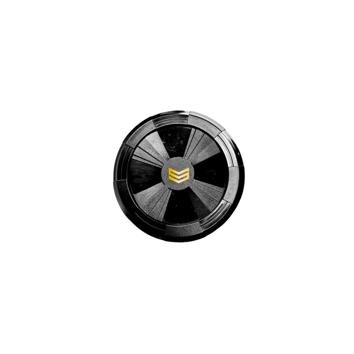 A round, black and silver object with a gold chevron emblem—reflecting Power Alloy Technology in the Soldier Sports 2026 Soldier Tank 3 (-3) BBCOR Baseball Bat: BB-1-26D—is displayed against a plain white background.