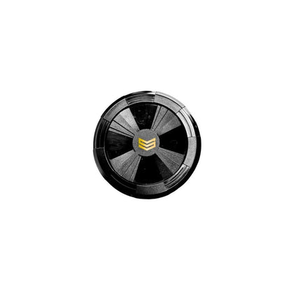 A round, black and silver object with a gold chevron emblem—reflecting Power Alloy Technology in the Soldier Sports 2026 Soldier Tank 3 (-3) BBCOR Baseball Bat: BB-1-26D—is displayed against a plain white background.
