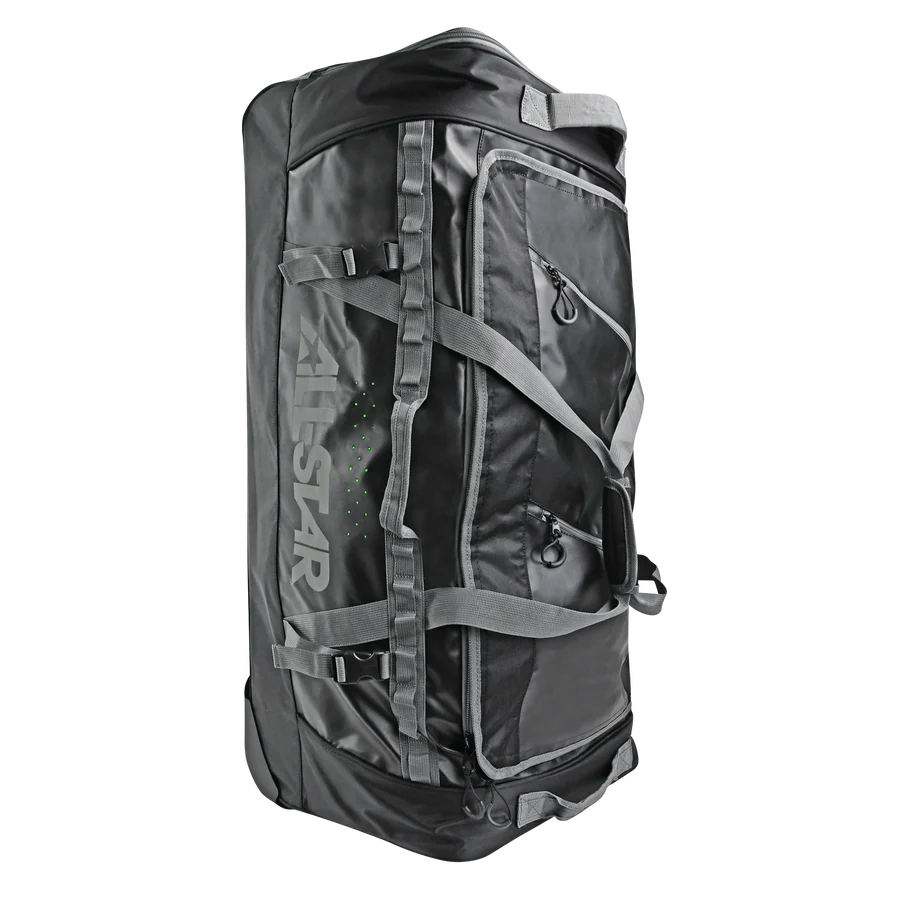 The All Star S7 Elite Catcher's Roller Bag: BB-S7E-RB is a large black gear bag with gray straps, multiple zippered pockets, and "ALLSTAR" boldly printed on the side, designed for heavy use and maximum durability.