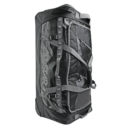 The All Star S7 Elite Catcher's Roller Bag: BB-S7E-RB is a large black gear bag with gray straps, multiple zippered pockets, and "ALLSTAR" boldly printed on the side, designed for heavy use and maximum durability.