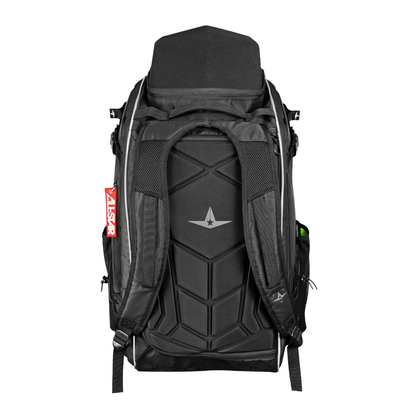 The All Star MVP PRO Series Catcher's Backpack: BBCBP, shown from the back, features padded straps, a geometric padded back panel, central white star logo, red rescue tag on the left strap, side pockets, and a built-in glove vault.