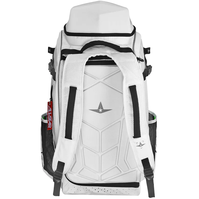 The All Star MVP PRO Series Catcher's Backpack: BBCBP is a white sports backpack with black accents, padded shoulder straps, mesh side pockets, a glove vault, geometric patterned back panel, and red All Star tag.