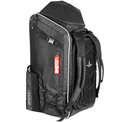 The All Star MVP PRO Series Catcher's Backpack (BBCBP) in black and gray offers multiple compartments, side pockets, padded shoulder straps, and a red All Star tag—ideal for carrying your gear to the field.