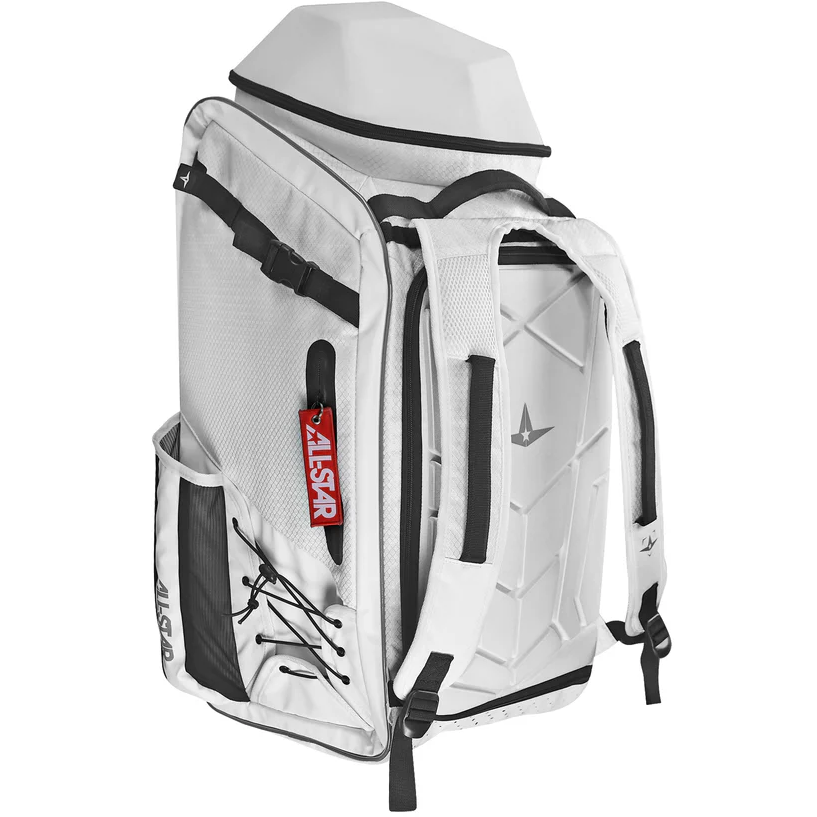 The All Star MVP PRO Series Catcher's Backpack (BBCBP) features a white and gray design with black accents, multiple zippered compartments, a mesh side pocket, black adjustable straps, and a red ALL-STAR tag on the side.