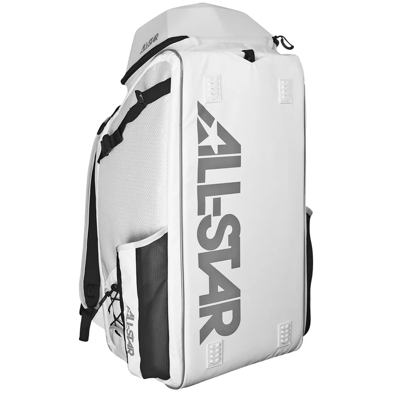 The All Star MVP PRO Series Catcher's Backpack: BBCBP is a large white bag with black accents, bold ALL-STAR on the side, black straps, side pockets, and a zippered top—ideal for use as a catcher’s gear bag or glove vault.