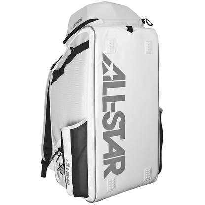 The All Star MVP PRO Series Catcher's Backpack: BBCBP is a large white bag with black accents, bold ALL-STAR on the side, black straps, side pockets, and a zippered top—ideal for use as a catcher’s gear bag or glove vault.