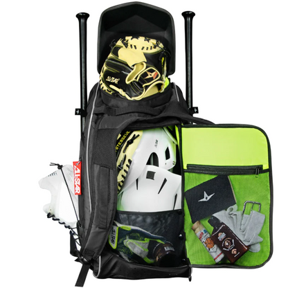 An All Star MVP PRO Series Catcher's Backpack (BBCBP) in black and neon green is open, displaying a glove vault, helmet, cleats, batting gloves, accessories organized in pockets and compartments, with two bats sticking out from the top.