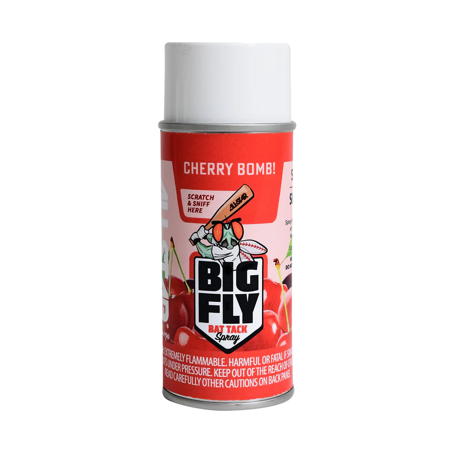 A can of All Star Big Fly Bat Tack Spray: BFSP1 in Cherry Bomb scent, with a red and white label featuring a cartoon fly and cherries—perfect for achieving an All-Star bat grip.