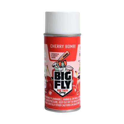 A can of All Star Big Fly Bat Tack Spray: BFSP1 in Cherry Bomb scent, with a red and white label featuring a cartoon fly and cherries—perfect for achieving an All-Star bat grip.