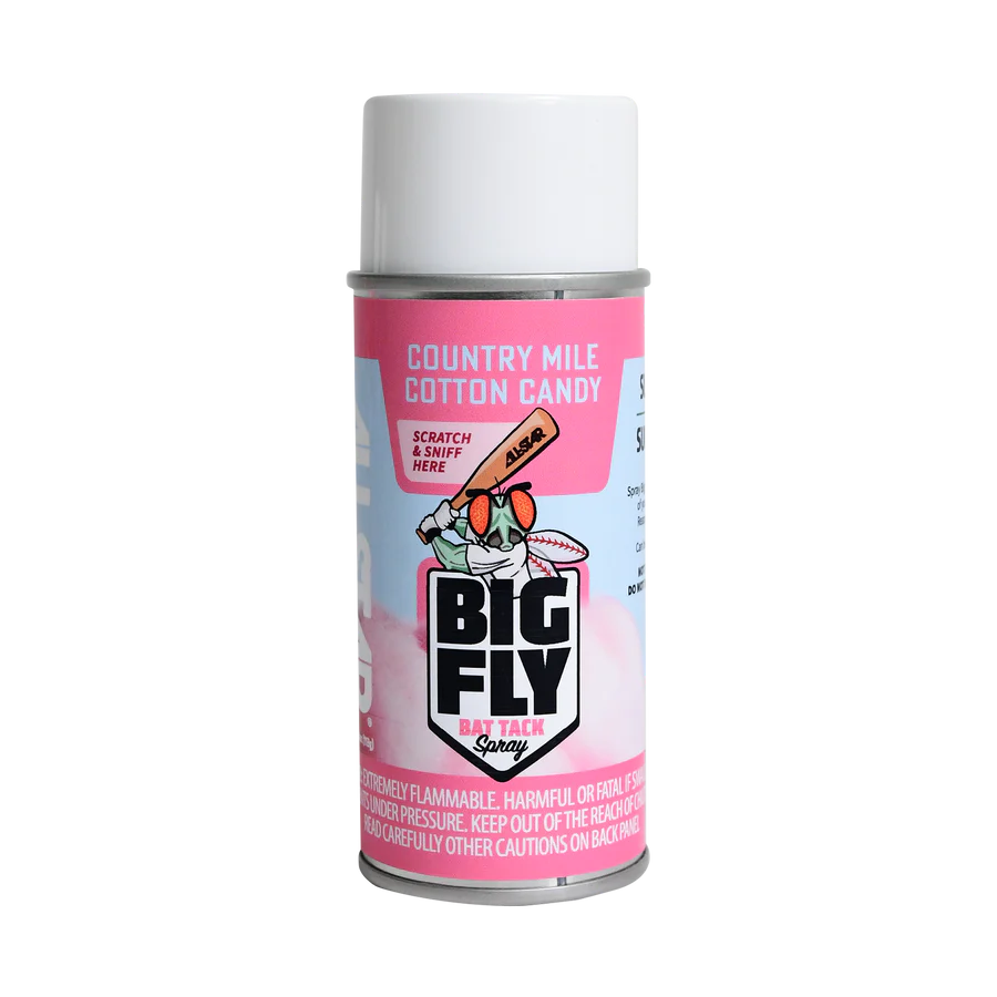 The All Star Big Fly Bat Tack Spray: BFSP1 in Country Mile Cotton Candy scent boosts bat grip with a fun pink and white aerosol can, cartoon fly design, and an All-Star Scratch & Sniff sticker.