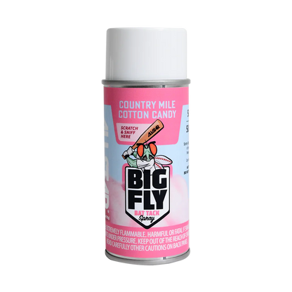 The All Star Big Fly Bat Tack Spray: BFSP1 in Country Mile Cotton Candy scent boosts bat grip with a fun pink and white aerosol can, cartoon fly design, and an All-Star Scratch & Sniff sticker.