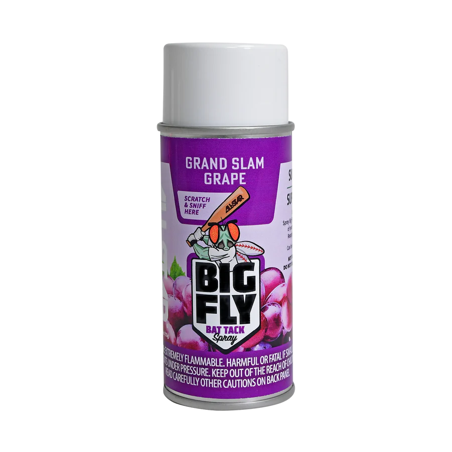 A can of All Star Big Fly Bat Tack Spray: BFSP1 in Grand Slam Grape scent, with purple packaging, grapes and a cartoon fly on the label. The white-capped can says Scratch & Sniff Here—ideal for players wanting unbeatable bat grip.
