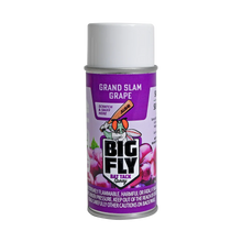 A can of All Star Big Fly Bat Tack Spray: BFSP1 in Grand Slam Grape scent, with purple packaging, grapes and a cartoon fly on the label. The white-capped can says Scratch & Sniff Here—ideal for players wanting unbeatable bat grip.