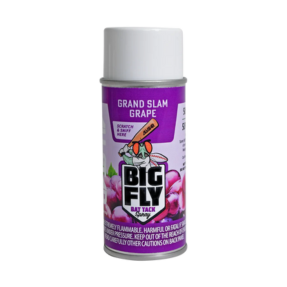 A can of All Star Big Fly Bat Tack Spray: BFSP1 in Grand Slam Grape scent, with purple packaging, grapes and a cartoon fly on the label. The white-capped can says Scratch & Sniff Here—ideal for players wanting unbeatable bat grip.