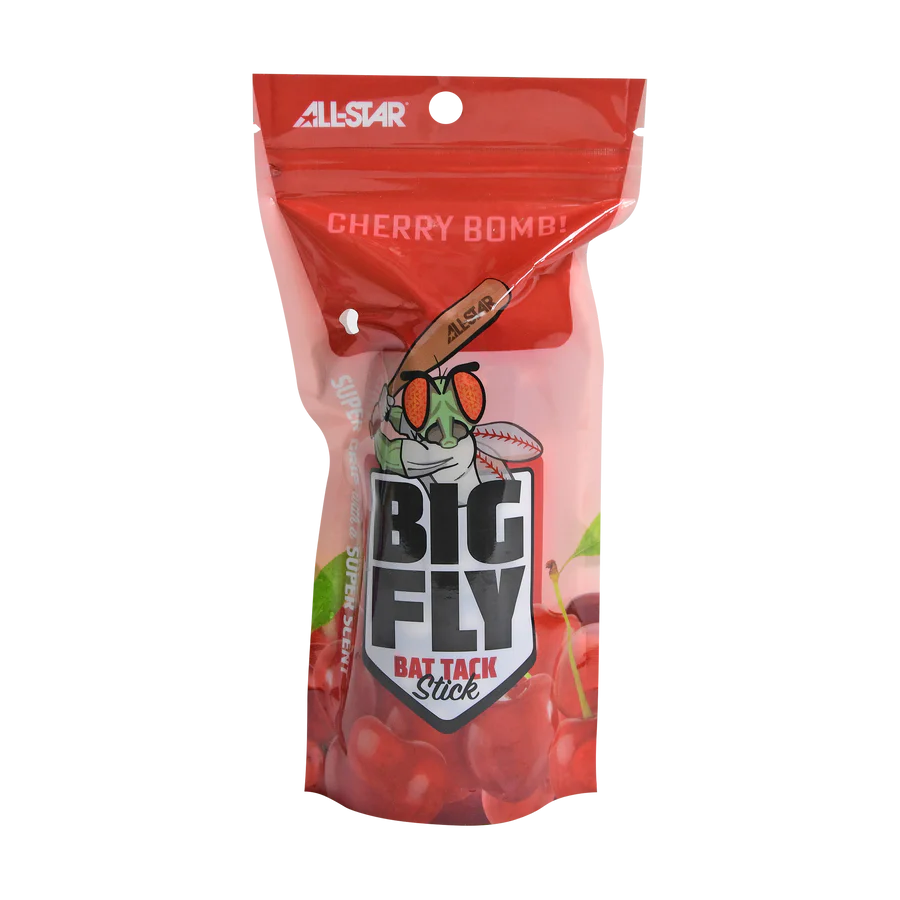 A red resealable pouch labeled All Star Big Fly Bat Tack Stick: BFST1 features bold cherry graphics and a cartoon fly swinging a bat, highlighting superior bat grip and the cherry-flavored CHERRY BOMB!.