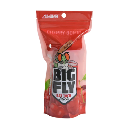 A red resealable pouch labeled All Star Big Fly Bat Tack Stick: BFST1 features bold cherry graphics and a cartoon fly swinging a bat, highlighting superior bat grip and the cherry-flavored CHERRY BOMB!.