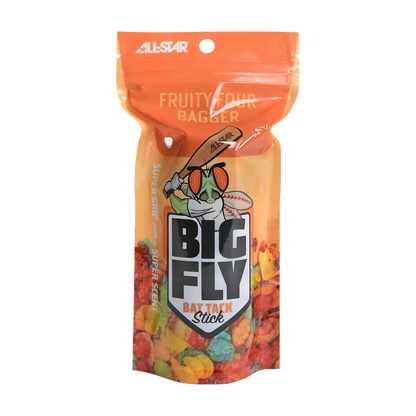 A colorful pack of All Star Big Fly Bat Tack Stick: BFST1 in Fruity Four Bagger flavor features a cartoon batter above the name, fruity cereal images, the All Star brand, and a "bat grip" label at the bottom.