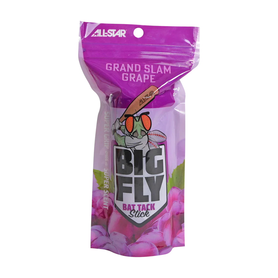 A purple resealable pouch labeled All Star Big Fly Bat Tack Stick (BFST1) in grape scent features a cartoon cat with a bat and ball, Grand Slam Grape text on top, and promotes its unbeatable All-Star bat grip.