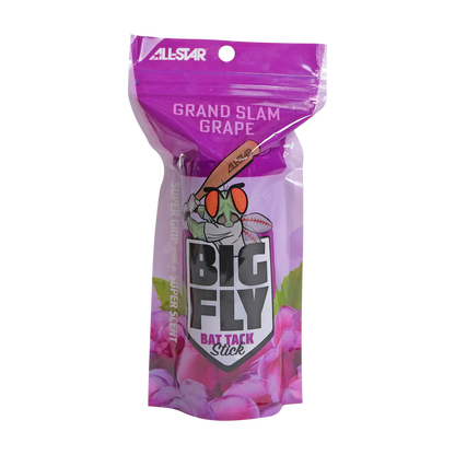 A purple resealable pouch labeled All Star Big Fly Bat Tack Stick (BFST1) in grape scent features a cartoon cat with a bat and ball, Grand Slam Grape text on top, and promotes its unbeatable All-Star bat grip.