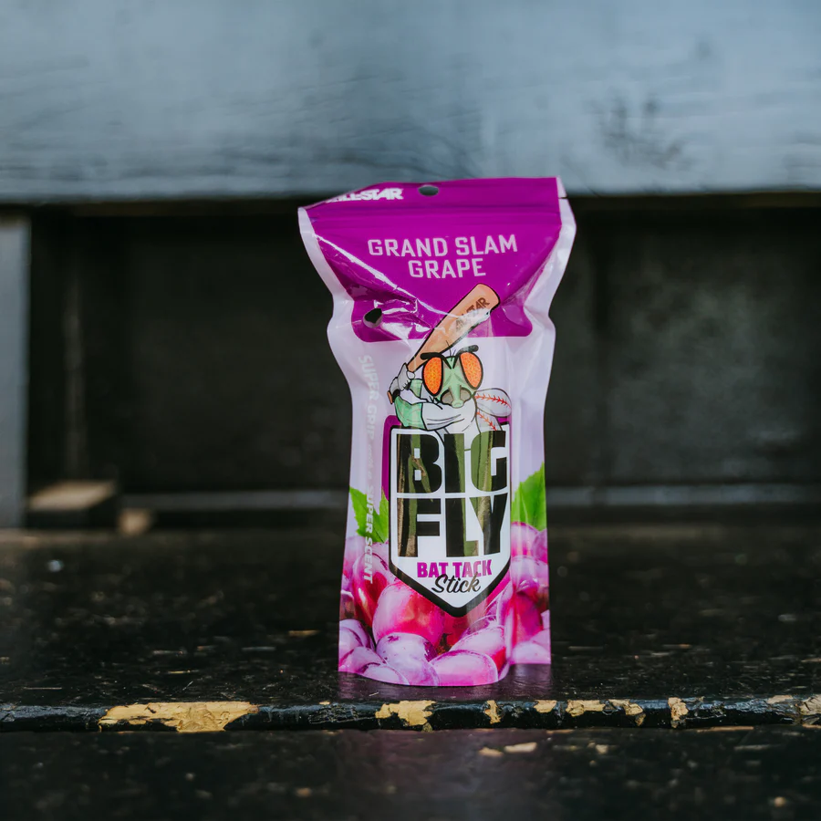 The All Star Big Fly Bat Tack Stick (BFST1) in Grand Slam Grape stands upright on a dark, weathered surface, featuring a cartoon insect with a bat on the purple pouch—perfect for enhancing your bat grip.