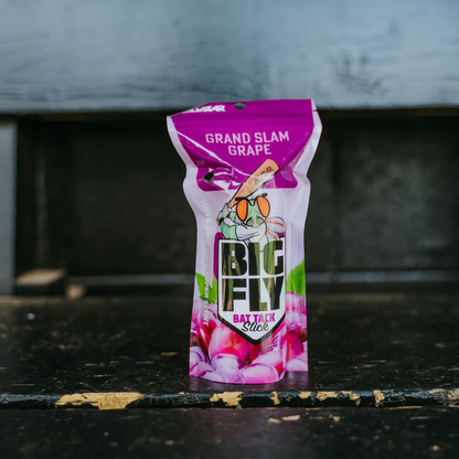 The All Star Big Fly Bat Tack Stick (BFST1) in Grand Slam Grape stands upright on a dark, weathered surface, featuring a cartoon insect with a bat on the purple pouch—perfect for enhancing your bat grip.