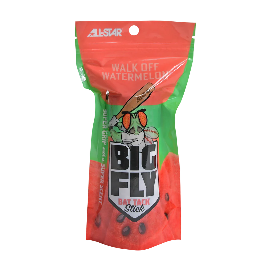 The All Star Big Fly Bat Tack Stick: BFST1 is a green and red pouch with a baseball bat, fly, and watermelon graphics. Labeled “BIG FLY BAT TACK STICK,” it features “ALL-STAR” and “WALK OFF WATERMELON” to boost your bat grip.