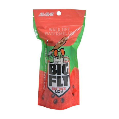 The All Star Big Fly Bat Tack Stick: BFST1 is a green and red pouch with a baseball bat, fly, and watermelon graphics. Labeled “BIG FLY BAT TACK STICK,” it features “ALL-STAR” and “WALK OFF WATERMELON” to boost your bat grip.
