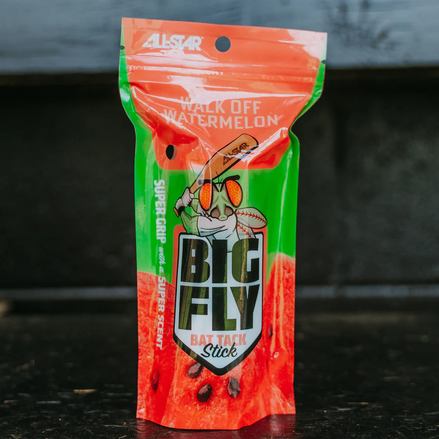 A colorful, resealable bag labeled All Star Big Fly Bat Tack Stick: BFST1, featuring a cartoon player and watermelon graphics—perfect for enhancing your bat grip with All Star branding.