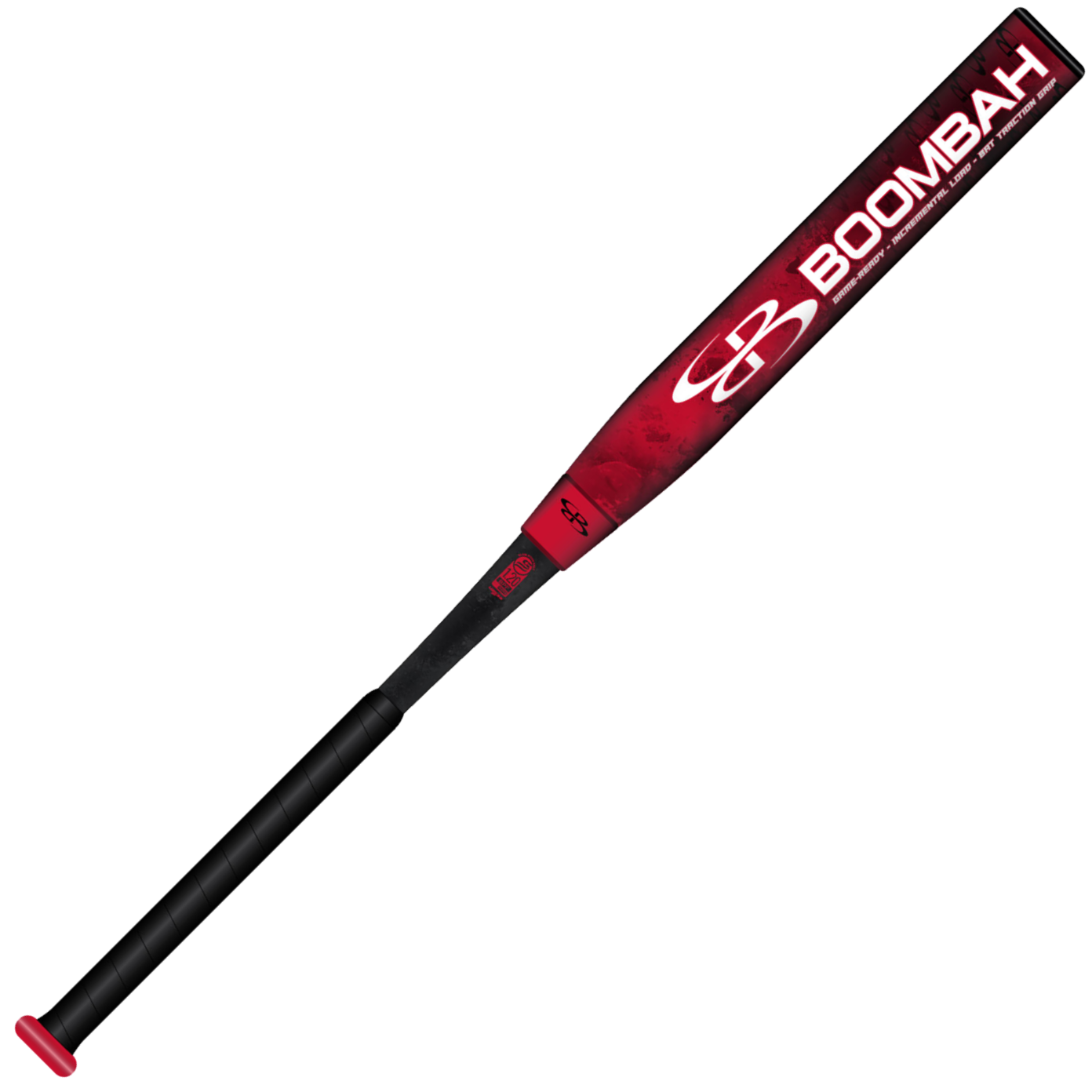 The 2026 BoombahPure Pure12 Red Nuke 12" Endloaded NSA USSSA Slowpitch Softball Bat (M2B0-6143 RD) features a black handle, red knob, X25 Barrel Technology, and prominent Boombah branding on the barrel.
