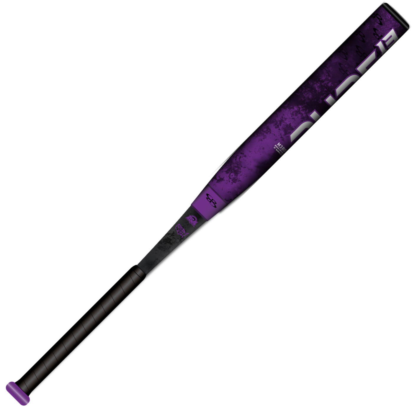 The BoombahPure Pure13 Purple Control 13" Balanced Slowpitch Softball Bat (M3B0-6144 PU) by Boombah features a purple and black design with a textured barrel, X25 Barrel Technology, a purple knob, and FUSE branding in large letters.