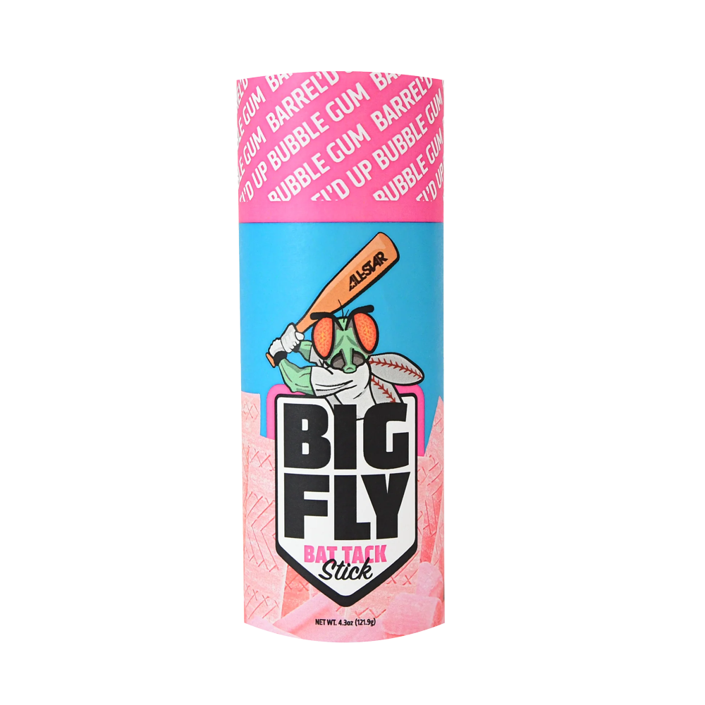 The All Star Big Fly Bat Tack Stick (BFST1) comes in a cylindrical container with pink and blue colors, stylized text, and a cartoon fly holding a bat—designed for All-Star-level bat grip performance.