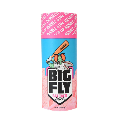 The All Star Big Fly Bat Tack Stick (BFST1) comes in a cylindrical container with pink and blue colors, stylized text, and a cartoon fly holding a bat—designed for All-Star-level bat grip performance.